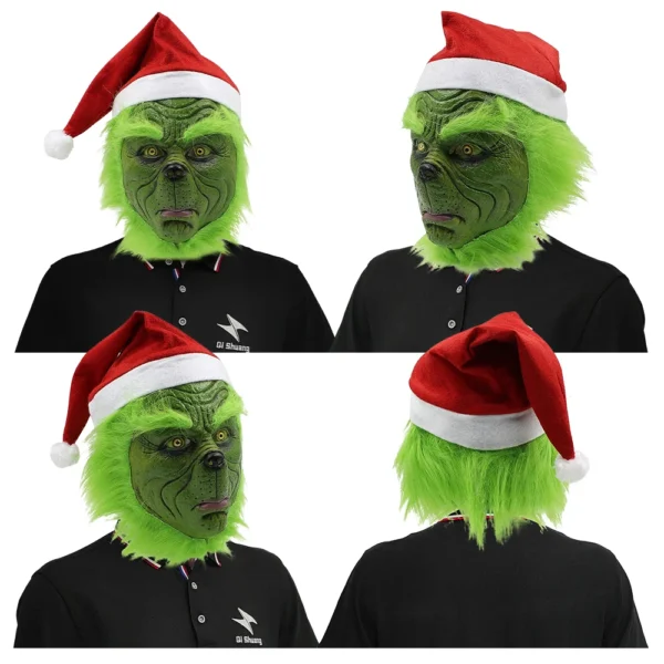 Máscaras de Monstro de Pele Verde Natal Halloween Papai Noel Cosplay Chapéu de Papai Noel Vermelho Bonito Adereços de Festa Anime Látex Luva Máscara - Image 4