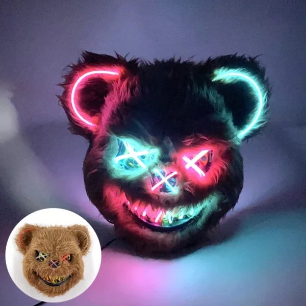 Máscara de urso sangrento brilhante para cosplay de LED Máscara de coelho de pelúcia de terror de Halloween Máscara de urso sangrento Máscara decorativa de festival Máscara de neon para cabeça