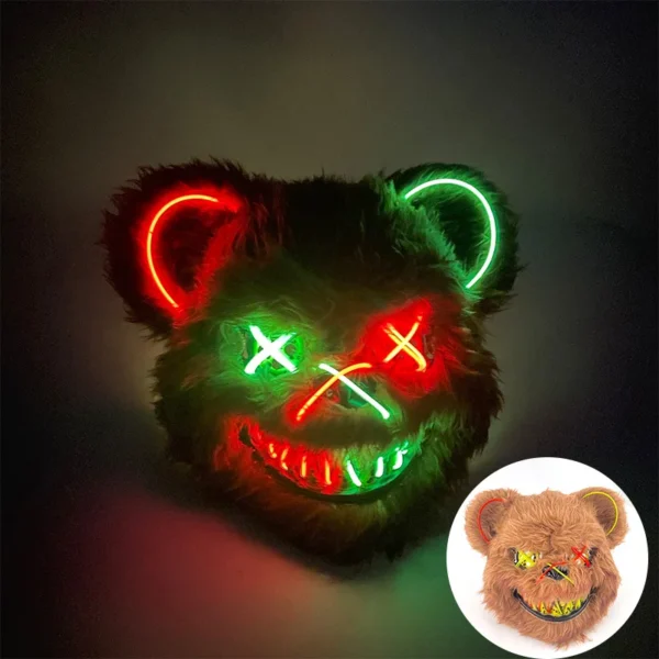 Máscara de urso sangrento brilhante para cosplay de LED Máscara de coelho de pelúcia de terror de Halloween Máscara de urso sangrento Máscara decorativa de festival Máscara de neon para cabeça - Image 22