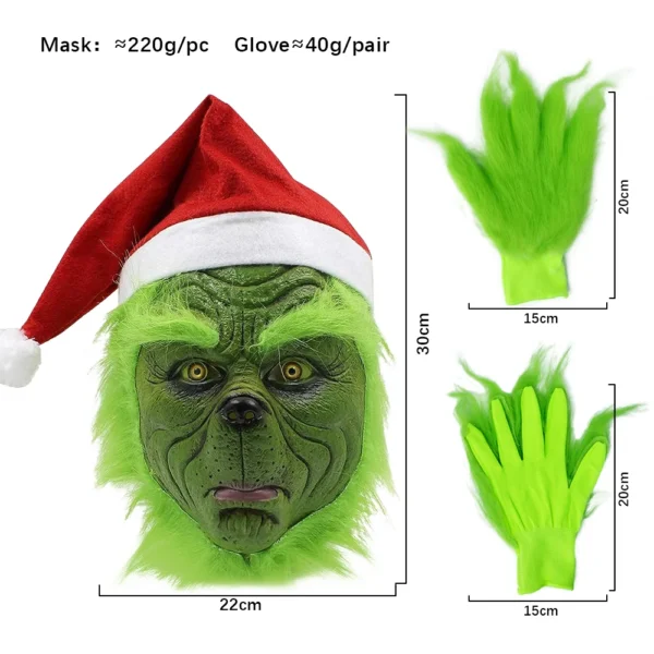 Máscaras de Monstro de Pele Verde Natal Halloween Papai Noel Cosplay Chapéu de Papai Noel Vermelho Bonito Adereços de Festa Anime Látex Luva Máscara - Image 6