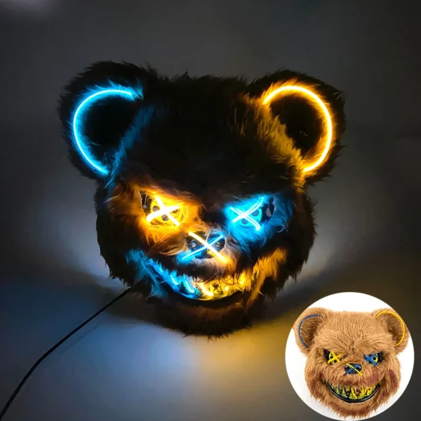 Máscara de urso sangrento brilhante para cosplay de LED Máscara de coelho de pelúcia de terror de Halloween Máscara de urso sangrento Máscara decorativa de festival Máscara de neon para cabeça - Image 24