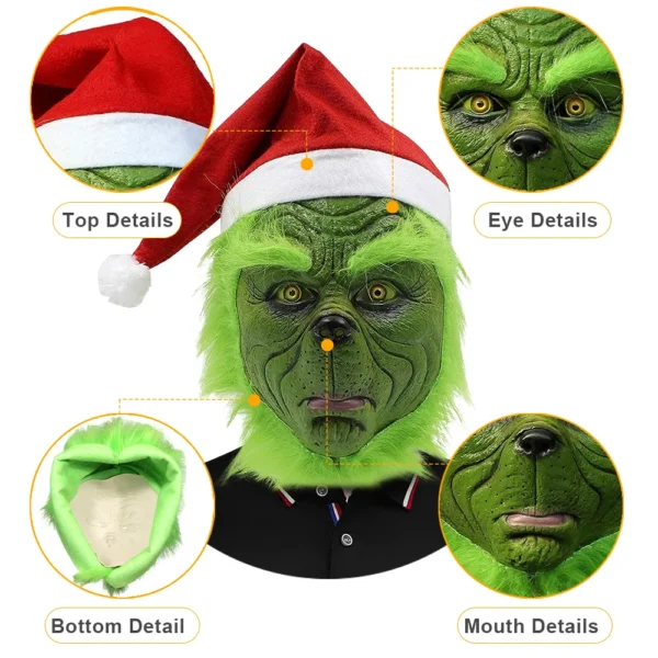 Máscaras de Monstro de Pele Verde Natal Halloween Papai Noel Cosplay Chapéu de Papai Noel Vermelho Bonito Adereços de Festa Anime Látex Luva Máscara - Image 3