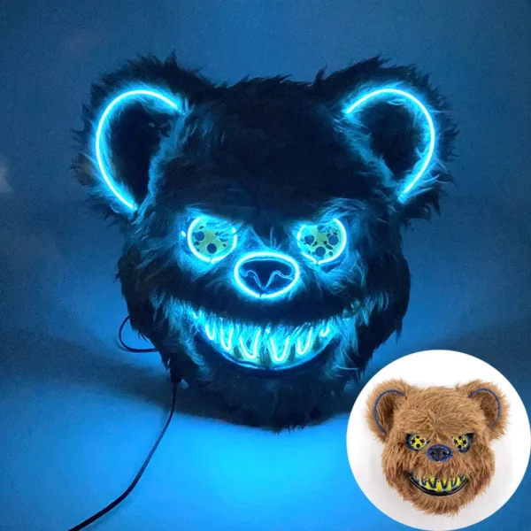 Máscara de urso sangrento brilhante para cosplay de LED Máscara de coelho de pelúcia de terror de Halloween Máscara de urso sangrento Máscara decorativa de festival Máscara de neon para cabeça - Image 12