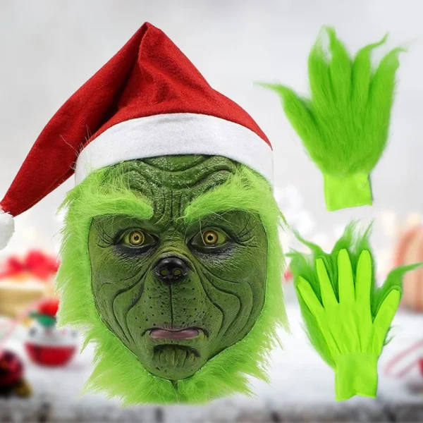 Máscaras de Monstro de Pele Verde Natal Halloween Papai Noel Cosplay Chapéu de Papai Noel Vermelho Bonito Adereços de Festa Anime Látex Luva Máscara - Image 8