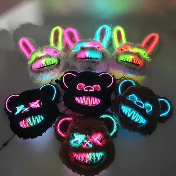 Máscara de urso sangrento brilhante para cosplay de LED Máscara de coelho de pelúcia de terror de Halloween Máscara de urso sangrento Máscara decorativa de festival Máscara de neon para cabeça - Image 5