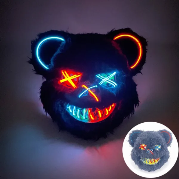 Máscara de urso sangrento brilhante para cosplay de LED Máscara de coelho de pelúcia de terror de Halloween Máscara de urso sangrento Máscara decorativa de festival Máscara de neon para cabeça - Image 15