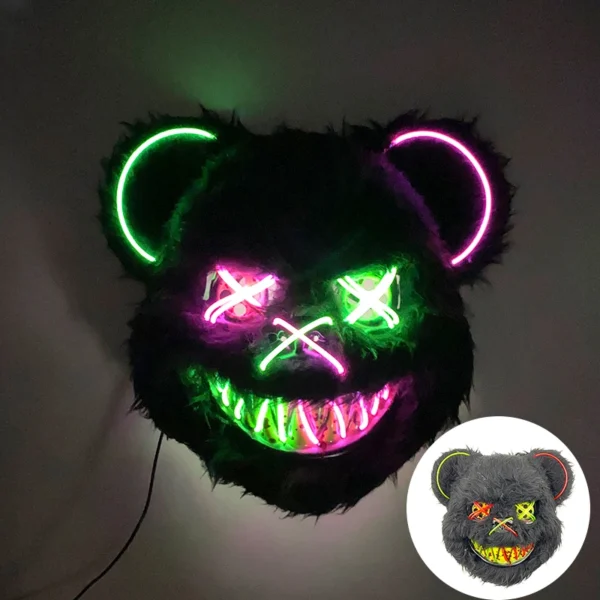 Máscara de urso sangrento brilhante para cosplay de LED Máscara de coelho de pelúcia de terror de Halloween Máscara de urso sangrento Máscara decorativa de festival Máscara de neon para cabeça - Image 18