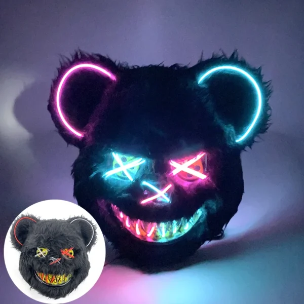 Máscara de urso sangrento brilhante para cosplay de LED Máscara de coelho de pelúcia de terror de Halloween Máscara de urso sangrento Máscara decorativa de festival Máscara de neon para cabeça - Image 14