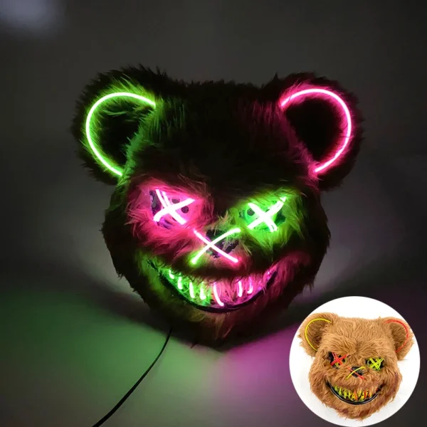 Máscara de urso sangrento brilhante para cosplay de LED Máscara de coelho de pelúcia de terror de Halloween Máscara de urso sangrento Máscara decorativa de festival Máscara de neon para cabeça - Image 25