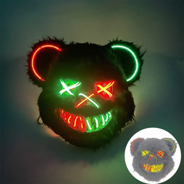 Máscara de urso sangrento brilhante para cosplay de LED Máscara de coelho de pelúcia de terror de Halloween Máscara de urso sangrento Máscara decorativa de festival Máscara de neon para cabeça - Image 16