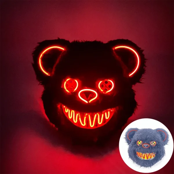 Máscara de urso sangrento brilhante para cosplay de LED Máscara de coelho de pelúcia de terror de Halloween Máscara de urso sangrento Máscara decorativa de festival Máscara de neon para cabeça - Image 27