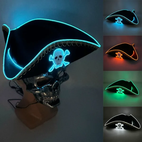 Chapéu de capitão de LED Newstyle Halloween Masquerade tema pirata festa cosplay trajes de capitão acessórios chapéu com padrão de caveira iluminado