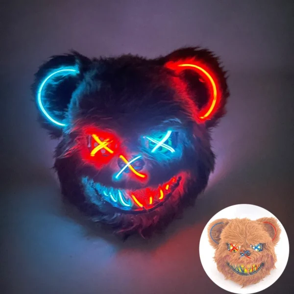 Máscara de urso sangrento brilhante para cosplay de LED Máscara de coelho de pelúcia de terror de Halloween Máscara de urso sangrento Máscara decorativa de festival Máscara de neon para cabeça - Image 23